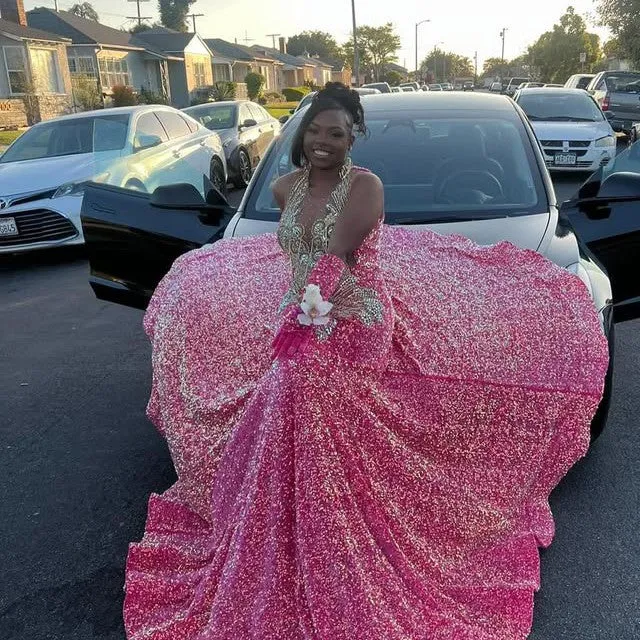 Long Prom Dress For Black Girls Mermaid Sequined Beaded Crystals Birthday Party Dresses Evening Gown Customized