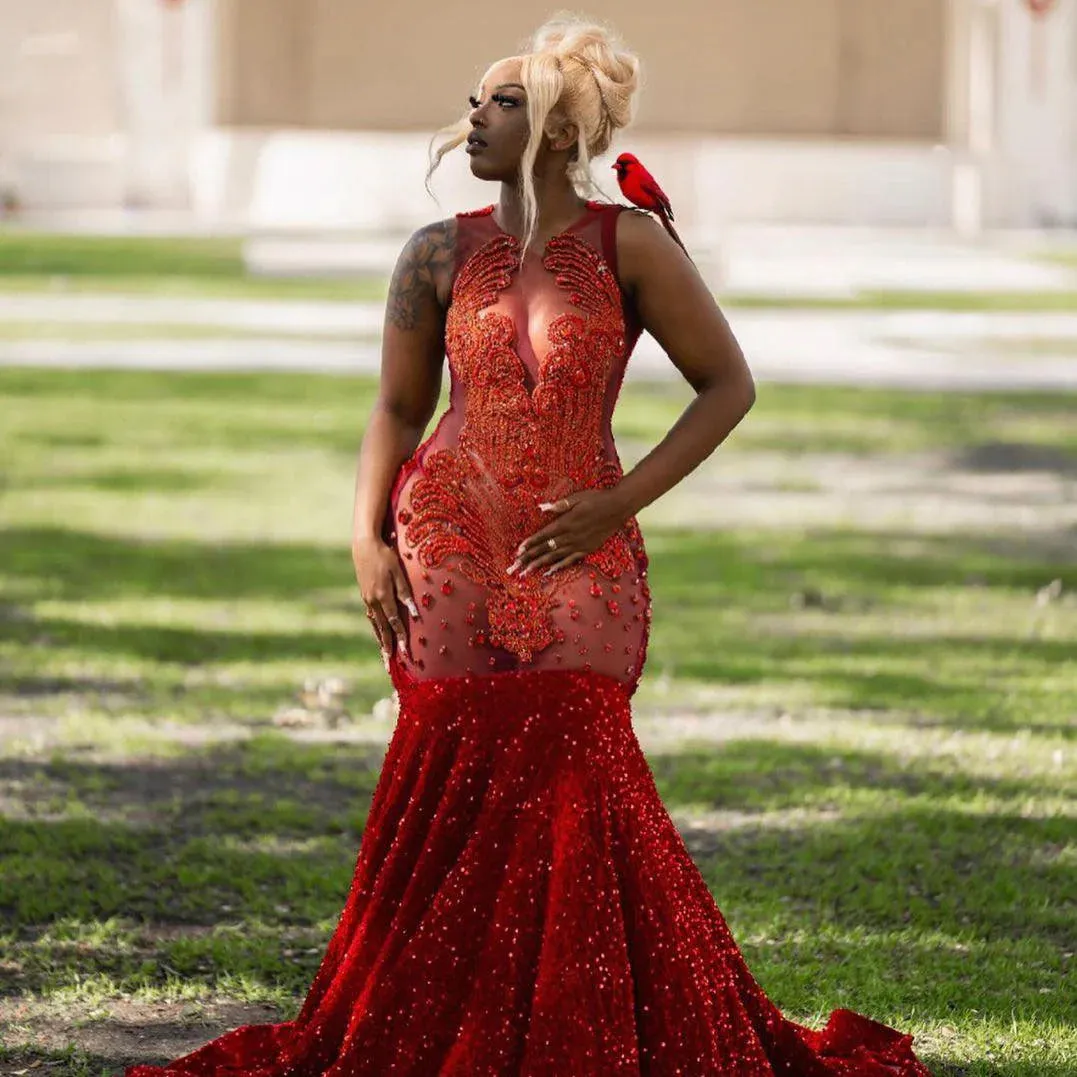 Long Prom Dress For Black Girls Mermaid Sequined Beaded Crystals Birthday Party Dresses Evening Gown Customized