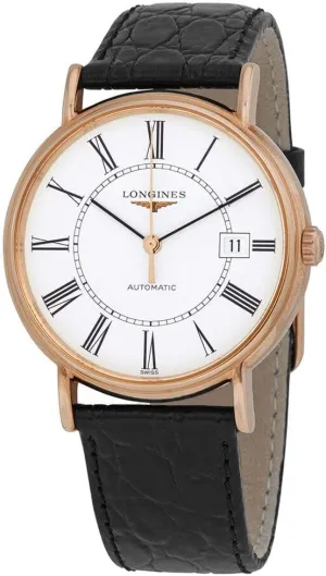 Longines Presence Automatic Rose Gold PVD White Dial Black Leather Strap Date Mens Watch L4.921.1.11.2