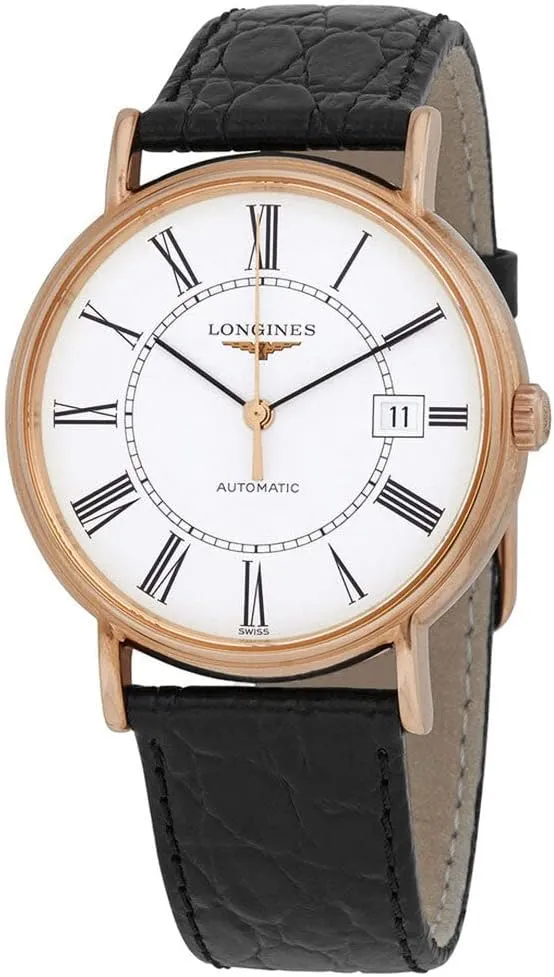 Longines Presence Automatic Rose Gold PVD White Dial Black Leather Strap Date Mens Watch L4.921.1.11.2