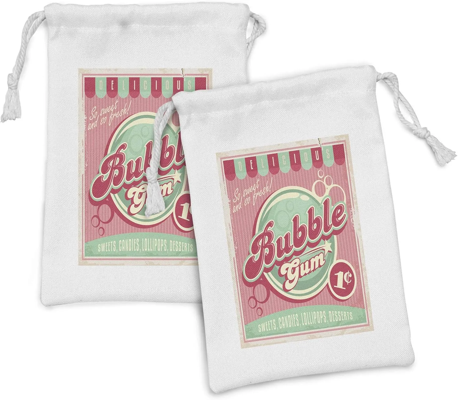 Lunarable 1950s Fabric Pouch Set of 2, Bubble Gum Tasty Candy Lollipop Sugar Advertise Poster Style Print, Small Drawstring Bag for Toiletries Masks and Favors, 9" x 6", Pale Pink and Pale Green