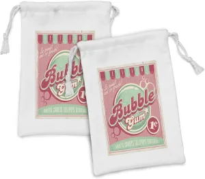 Lunarable 1950s Fabric Pouch Set of 2, Bubble Gum Tasty Candy Lollipop Sugar Advertise Poster Style Print, Small Drawstring Bag for Toiletries Masks and Favors, 9" x 6", Pale Pink and Pale Green