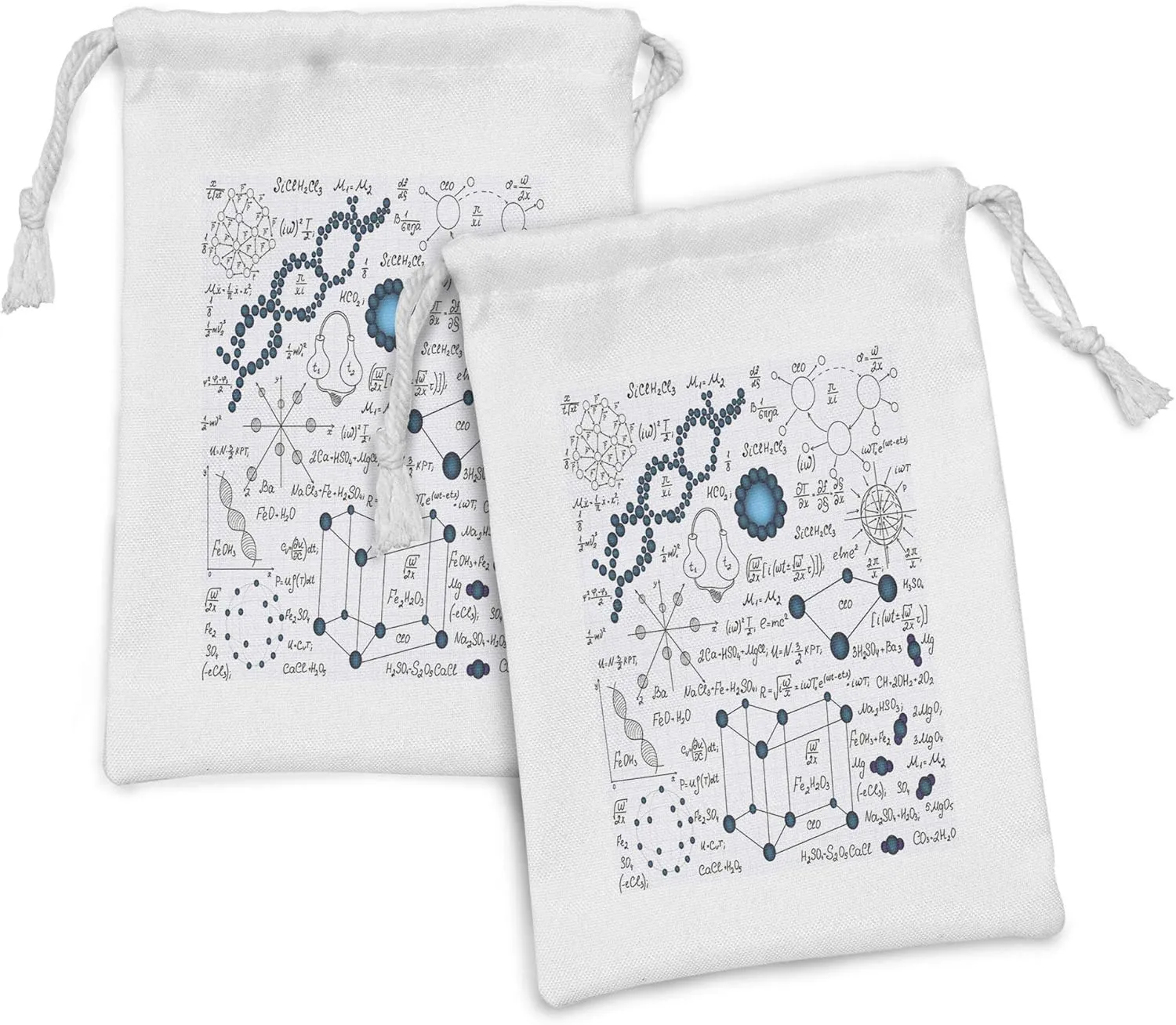 Lunarable Abstract Fabric Pouch Set of 2, Science Physics DNA Molecule Formulas Atomic Chemical Analyses Display, Small Drawstring Bag for Toiletries Masks and Favors, 9" x 6", Petrol Blue Pale