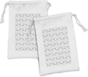 Lunarable Abstract Fabric Pouch Set of 2, Symbolic Romance Pattern with Swirly Delicate Heart Shapes in Greyscale Style, Small Drawstring Bag for Toiletries Masks and Favors, 9" x 6", Grey and White