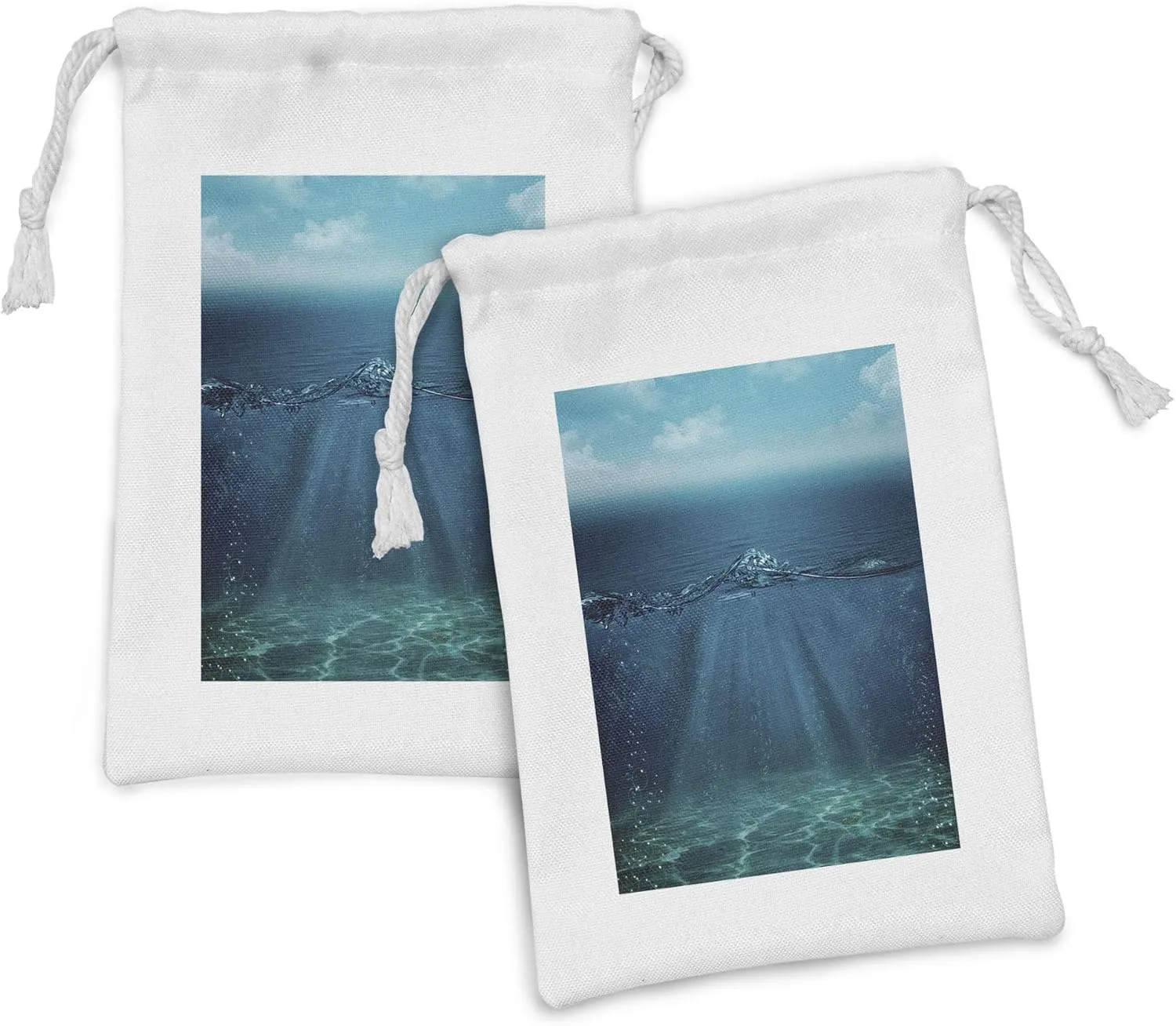 Lunarable Aqua Fabric Pouch Set of 2, Underwater Scene with Sun Rays Penetrating to Surface Forming Bubbles, Small Drawstring Bag for Toiletries Masks and Favors, 9" x 6", Blue Dark Blue Turquoise