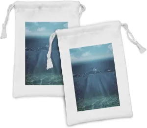 Lunarable Aqua Fabric Pouch Set of 2, Underwater Scene with Sun Rays Penetrating to Surface Forming Bubbles, Small Drawstring Bag for Toiletries Masks and Favors, 9" x 6", Blue Dark Blue Turquoise