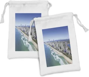 Lunarable Australia Fabric Pouch Set of 2, Aerial View of Gold Coast Famous Queensland Panorama Shoreline Buildings Photo, Small Drawstring Bag for Toiletries Masks and Favors, 9" x 6", Multicolor