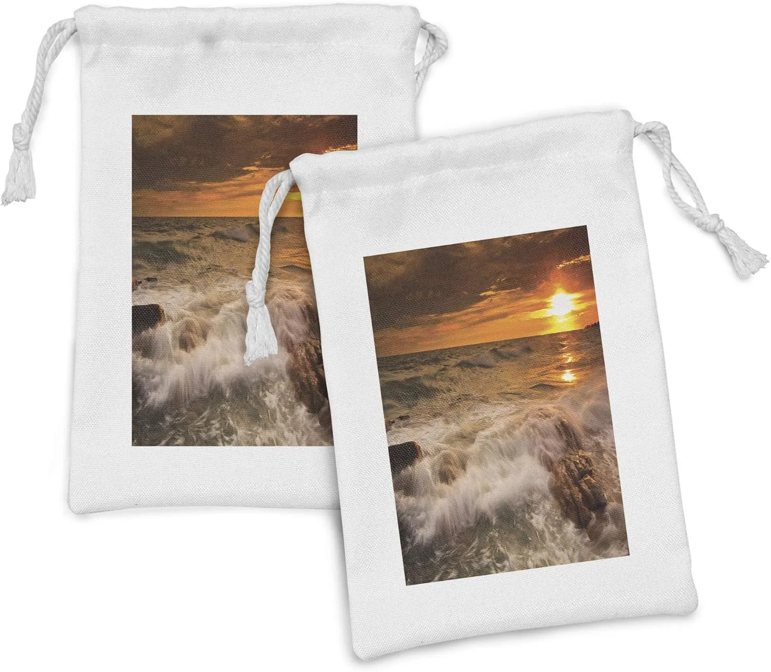 Lunarable Beach Fabric Pouch Set of 2, Rocks and Sunset on the Tropical Beach Thailand Shoreline Exotic Journey, Small Drawstring Bag for Toiletries Masks and Favors, 9" x 6", Orange Brown White