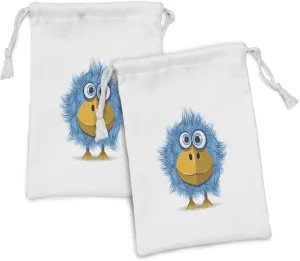 Lunarable Cartoon Fabric Pouch Set of 2, Funny Bird Big Eyes and Beak Feathers Crazy Monster Mascot Print, Small Drawstring Bag for Toiletries Masks and Favors, 9" x 6", Blue Pale Brown