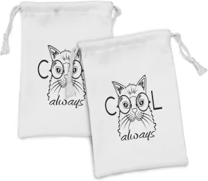 Lunarable Cat Fabric Pouch Set of 2, Cool Smart Fashion Kitty Image in Big Glasses Hipster Pet Animal Satire Sketch, Small Drawstring Bag for Toiletries Masks and Favors, 9" x 6", Black White