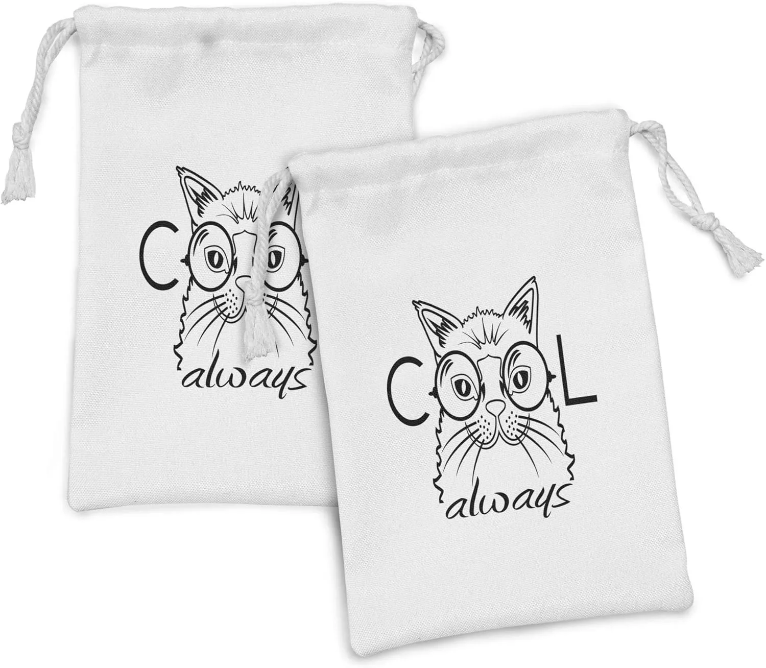 Lunarable Cat Fabric Pouch Set of 2, Cool Smart Fashion Kitty Image in Big Glasses Hipster Pet Animal Satire Sketch, Small Drawstring Bag for Toiletries Masks and Favors, 9" x 6", Black White