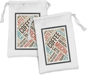 Lunarable Coffee Fabric Pouch Set of 2, Cappuccino Espresso Mocha Typography in Poster Style Refreshment Artwork Print, Small Drawstring Bag for Toiletries Masks and Favors, 9" x 6", Brown Teal Red