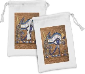 Lunarable Egyptian Print Fabric Pouch Set of 2, Egyptian Art Papyrus Depicting Eye Mosaic Style Design, Small Drawstring Bag for Toiletries Masks and Favors, 9" x 6", Navy Blue Orange