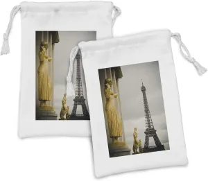 Lunarable Eiffel Tower Fabric Pouch Set of 2, Eiffel Tower from Esplanade du Trocadero Landmark and Moody Sky, Small Drawstring Bag for Toiletries Masks and Favors, 9" x 6", Pale Grey and Grey