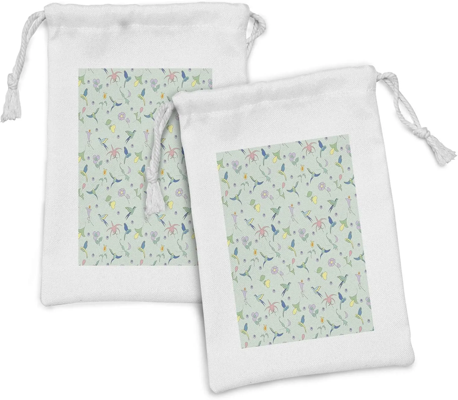 Lunarable Floral Fabric Pouch Set of 2, Blossom Petals Summer Birds Exotic Nature Buds Boho Pastel Flourish Theme, Small Drawstring Bag for Toiletries Masks and Favors, 9" x 6", Mint Green Multicolor