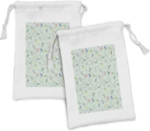 Lunarable Floral Fabric Pouch Set of 2, Blossom Petals Summer Birds Exotic Nature Buds Boho Pastel Flourish Theme, Small Drawstring Bag for Toiletries Masks and Favors, 9" x 6", Mint Green Multicolor