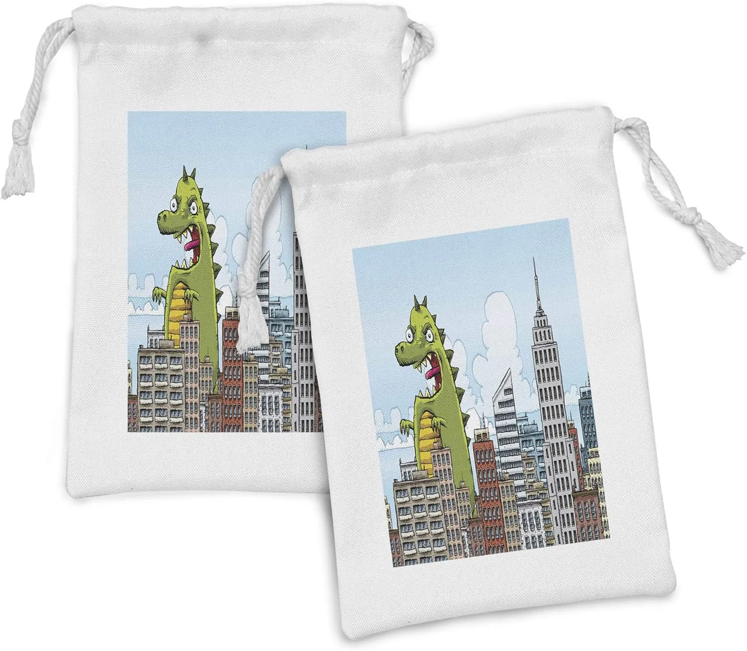 Lunarable Jurassic Fabric Pouch Set of 2, Giant Cartoon Monster Invades the City Attack Skylines Downtown Science Fiction, Small Drawstring Bag for Toiletries Masks and Favors, 9" x 6", Multicolor