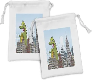 Lunarable Jurassic Fabric Pouch Set of 2, Giant Cartoon Monster Invades the City Attack Skylines Downtown Science Fiction, Small Drawstring Bag for Toiletries Masks and Favors, 9" x 6", Multicolor