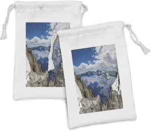 Lunarable Landscape Fabric Pouch Set of 2, Crater Lake National Park Oregon Snowy Mountains Crystal Clear Lakes Clouds Photo, Small Drawstring Bag for Toiletries Masks and Favors, 9" x 6", Multicolor