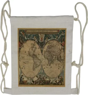 Lunarable Map Print Drawstring Backpack, Vintage Map of the World, Sackpack Bag