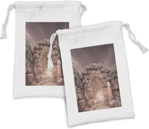 Lunarable Medieval Fabric Pouch Set of 2, Fantasy Medieval Land and Sky Birds Antiquity Architecture Landmark, Small Drawstring Bag for Toiletries Masks and Favors, 9" x 6", Dried Rose Salmon