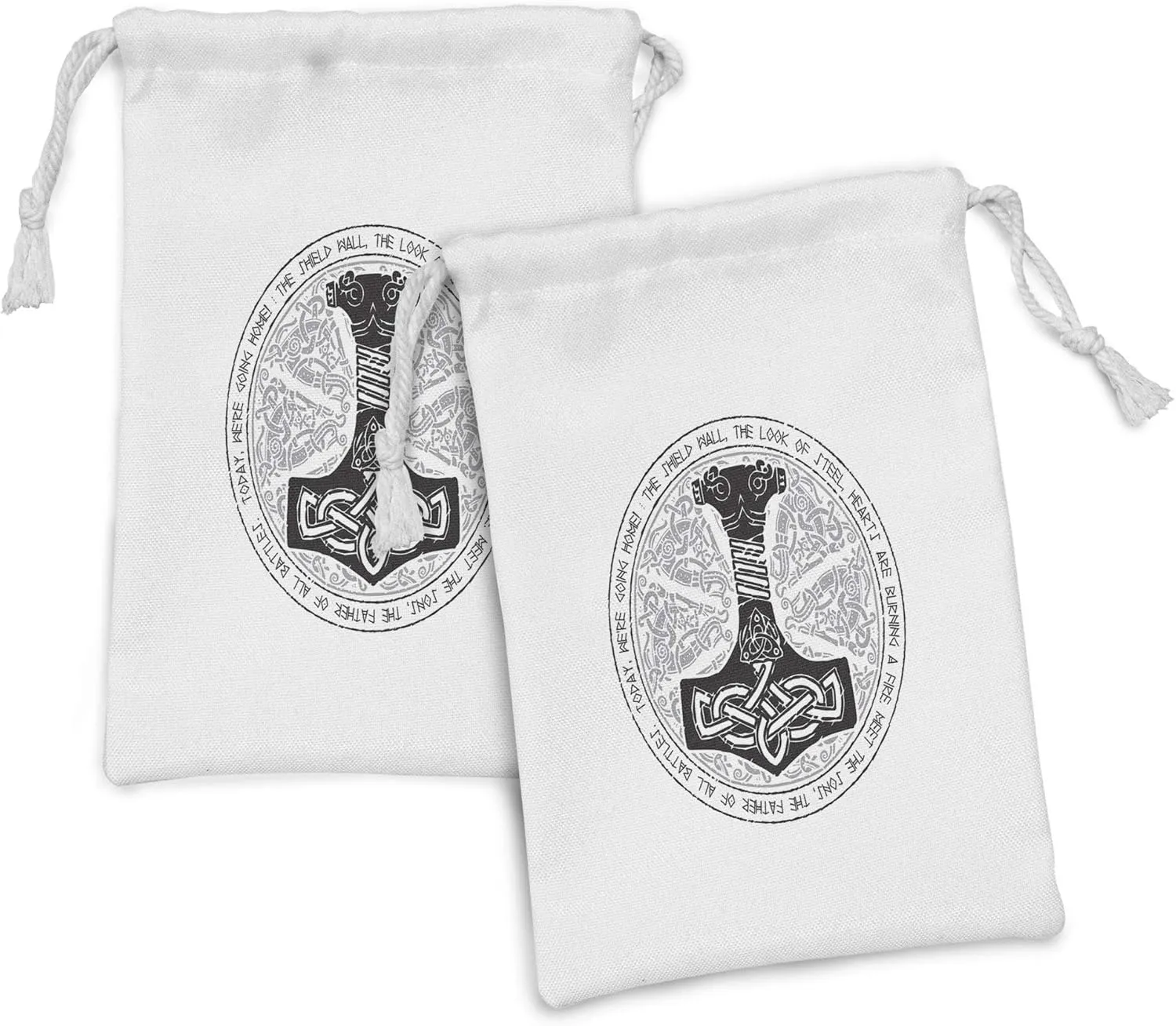 Lunarable Mjolnir Fabric Pouch Set of 2, Round Traditional Scandinavian Poetic Nordic Tribal, Small Drawstring Bag for Toiletries Masks and Favors, 9" x 6", Pale Grey White