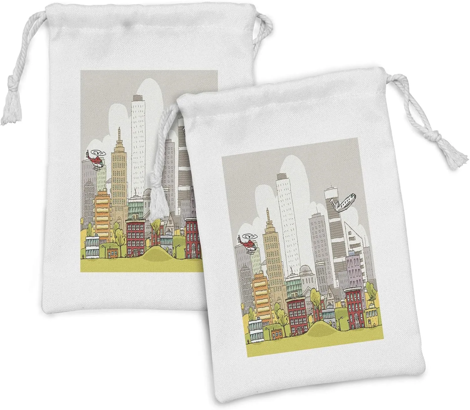Lunarable Modern Fabric Pouch Set of 2, Cartoon Busy Urban Scene with Skyscrapers Airplanes Apartments Downtown Illustration, Small Drawstring Bag for Toiletries Masks and Favors, 9" x 6", Multicolor