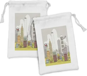 Lunarable Modern Fabric Pouch Set of 2, Cartoon Busy Urban Scene with Skyscrapers Airplanes Apartments Downtown Illustration, Small Drawstring Bag for Toiletries Masks and Favors, 9" x 6", Multicolor