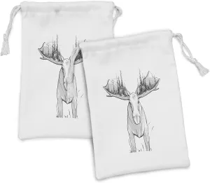 Lunarable Moose Fabric Pouch Set of 2, Hand Drawing Forest and Mountains on Spectacular Moose Antlers, Small Drawstring Bag for Toiletries Masks and Favors, 9" x 6", Pale Grey Charcoal Grey