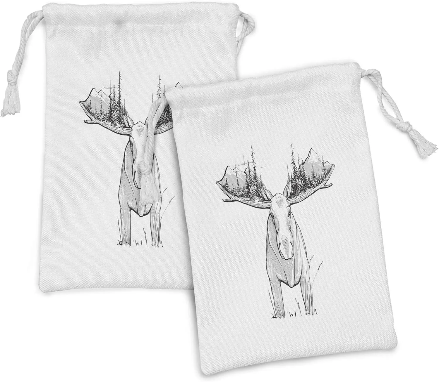 Lunarable Moose Fabric Pouch Set of 2, Hand Drawing Forest and Mountains on Spectacular Moose Antlers, Small Drawstring Bag for Toiletries Masks and Favors, 9" x 6", Pale Grey Charcoal Grey