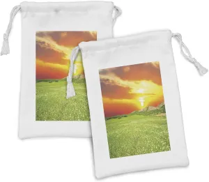 Lunarable Nature Fabric Pouch Set of 2, Daisy Flower Meadow Rural with Dramatic Horizon Sky Country Image, Small Drawstring Bag for Toiletries Masks and Favors, 9" x 6", Fern Green Yellow Orange