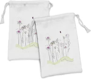Lunarable Nature Fabric Pouch Set of 2, Flowerbed with Spring Chamomiles Hand Drawn Girls Ladybug Print, Small Drawstring Bag for Toiletries Masks and Favors, 9" x 6", Pale Green Fuchsia White