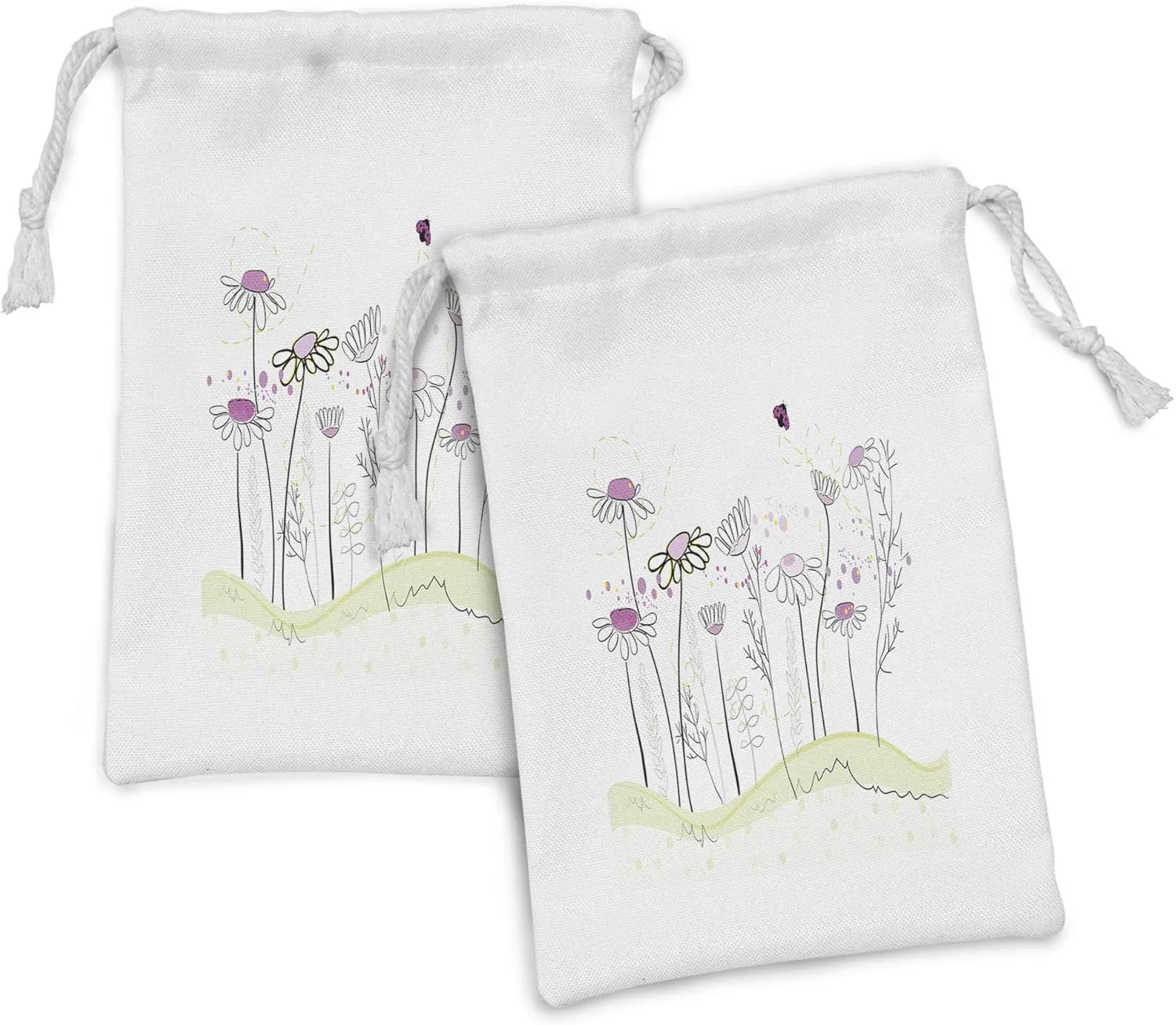 Lunarable Nature Fabric Pouch Set of 2, Flowerbed with Spring Chamomiles Hand Drawn Girls Ladybug Print, Small Drawstring Bag for Toiletries Masks and Favors, 9" x 6", Pale Green Fuchsia White