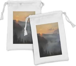 Lunarable Nature Fabric Pouch Set of 2, Morning at Foggy Mountain Range Sunrise Pine Tree Forest Dramatic Misty Sky Scenery, Small Drawstring Bag for Toiletries Masks and Favors, 9" x 6", Multicolor