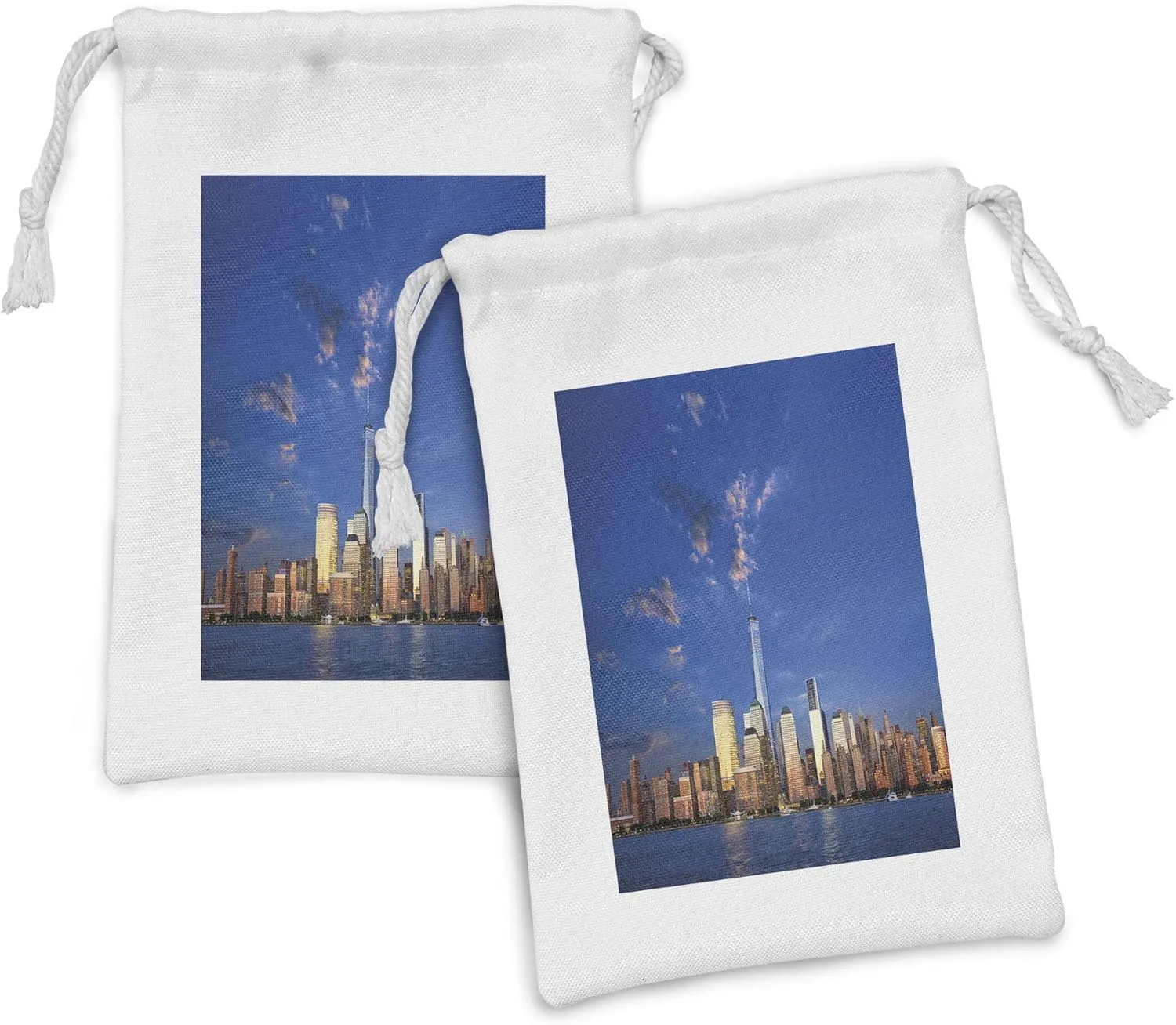 Lunarable New York Fabric Pouch Set of 2, Famous American Town Skyline Urban Night USA Skyscrapers Cityscape Picture, Small Drawstring Bag for Toiletries Masks and Favors, 9" x 6", Blue Grey Peach