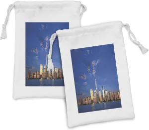 Lunarable New York Fabric Pouch Set of 2, Famous American Town Skyline Urban Night USA Skyscrapers Cityscape Picture, Small Drawstring Bag for Toiletries Masks and Favors, 9" x 6", Blue Grey Peach
