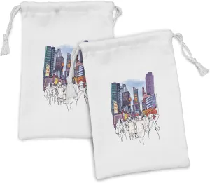 Lunarable New York Fabric Pouch Set of 2, Sketchy Style Illustration of Busy City Life with Skyscrapers and People on Street, Small Drawstring Bag for Toiletries Masks and Favors, 9" x 6", Multicolor