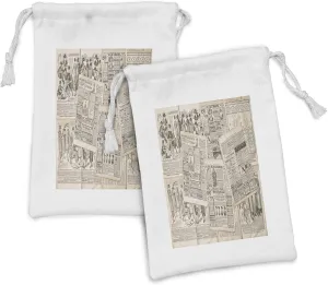 Lunarable Old Newspaper Fabric Pouch Set of 2, Nostalgic Aged Pages Antique Advertising Fashion Magazines Retro Print, Small Drawstring Bag for Toiletries Masks and Favors, 9" x 6", Black Tan