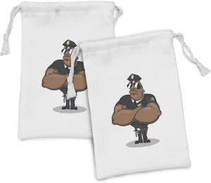 Lunarable Police Fabric Pouch Set of 2, Strong Muscular Charismatic Officer with Sunglasses Authority, Small Drawstring Bag for Toiletries Masks and Favors, 9" x 6", Black Brown Pale Yellow