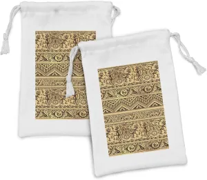 Lunarable Prehistoric Fabric Pouch Set of 2, Neanderthal Uncivilized Human with Mammals Print Stones Boho Illustration, Small Drawstring Bag for Toiletries Masks and Favors, 9" x 6", Tan Brown