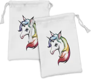 Lunarable Rainbow Fabric Pouch Set of 2, White Unicorn Vivid Colors on Its Mane Blue Eyes Animal Fun Print, Small Drawstring Bag for Toiletries Masks and Favors, 9" x 6", White Multicolor