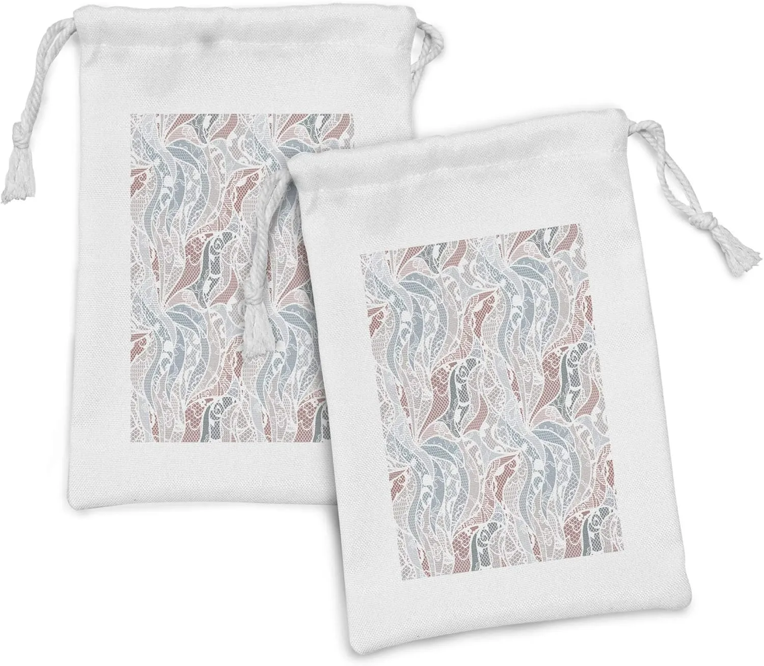 Lunarable Romantic Fabric Pouch Set of 2, Abstract Flowers Floral Swirls with Lace Wave Like Art, Small Drawstring Bag for Toiletries Masks and Favors, 9" x 6", Pale Blue Pale Pink