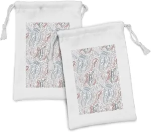 Lunarable Romantic Fabric Pouch Set of 2, Abstract Flowers Floral Swirls with Lace Wave Like Art, Small Drawstring Bag for Toiletries Masks and Favors, 9" x 6", Pale Blue Pale Pink