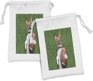 Lunarable Sports Fabric Pouch Set of 2, Soccer Dog Holding a Rugby Ball Lying and Laughing out Loud Funny Comic Joke, Small Drawstring Bag for Toiletries Masks and Favors, 9" x 6", Green Brown White