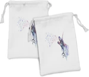 Lunarable Unicorn Dinosaur Fabric Pouch Set of 2, Watercolor Artwork of a Tyrannosaurus with a Unicorn and a Colorful Mane, Small Drawstring Bag for Toiletries Masks and Favors, 9" x 6", Multicolor