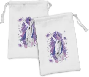 Lunarable Unicorn Fabric Pouch Set of 2, Dreamy Mythical Creature Head a Horn and Pinkish Purplish Colored Mane, Small Drawstring Bag for Toiletries Masks and Favors, 9" x 6", Multicolor