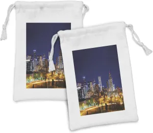 Lunarable Urban Fabric Pouch Set of 2, Downtown Colorado Night Buildings Skyscrapers American Architecture Scene, Small Drawstring Bag for Toiletries Masks and Favors, 9" x 6", Dark Blue Earth Yellow