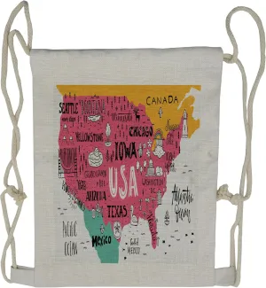 Lunarable USA Map Drawstring Backpack, American Cities Calligraphy, Sackpack Bag