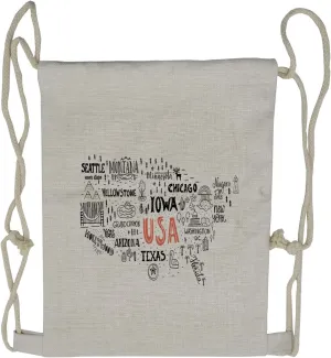 Lunarable USA Map Drawstring Backpack, City Typography Pattern, Sackpack Bag