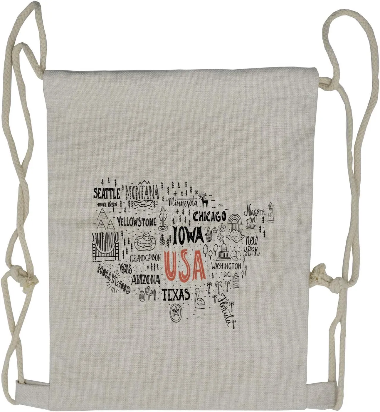 Lunarable USA Map Drawstring Backpack, City Typography Pattern, Sackpack Bag